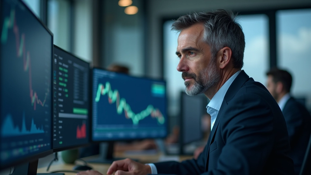 Finanzanalyst überprüft Kreditrating-Daten auf mehreren Bildschirmen in einem modernen Büro