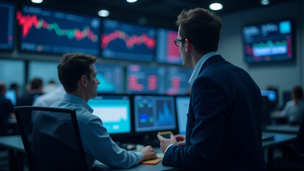 Börsenparkett mit Bildschirmen, die Aktienkurse und Anleihepreise anzeigen
